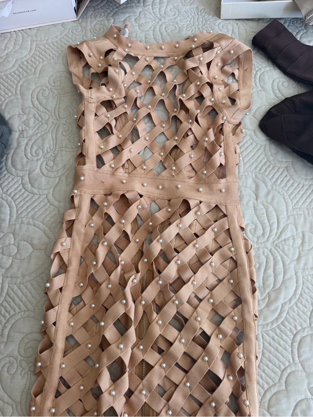 House of CB Nude Lattice Midi Dress with Pearl Accents